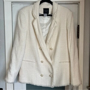 NWT Helene London Tweed Blazer Jacket Double Breasted Fringe Cream Pearl Medium